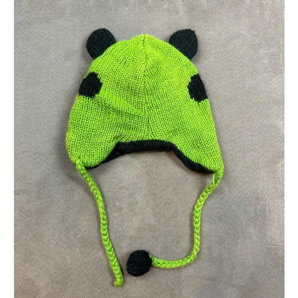 Wool Knit Frog Hat Winter Beanie Green Black Kids Youth CUTE Nepal